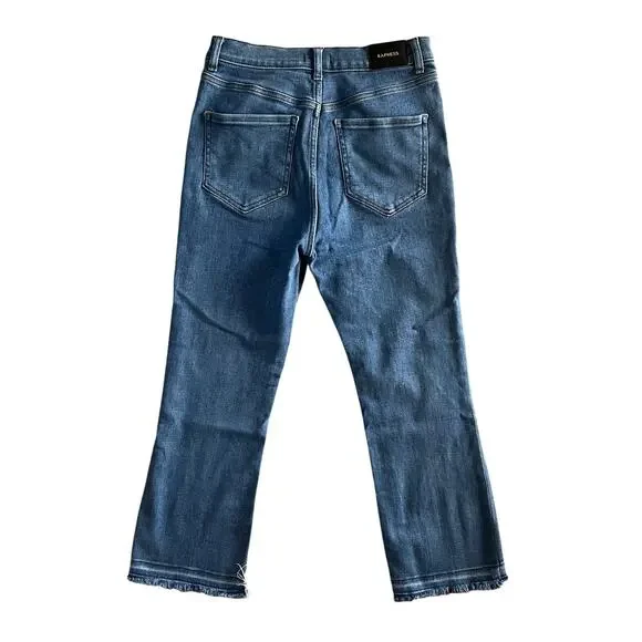 Express Cropped Flare High Rise Distressed Jeans Women’s Size 8 Blue Denim - Picture 3 of 8